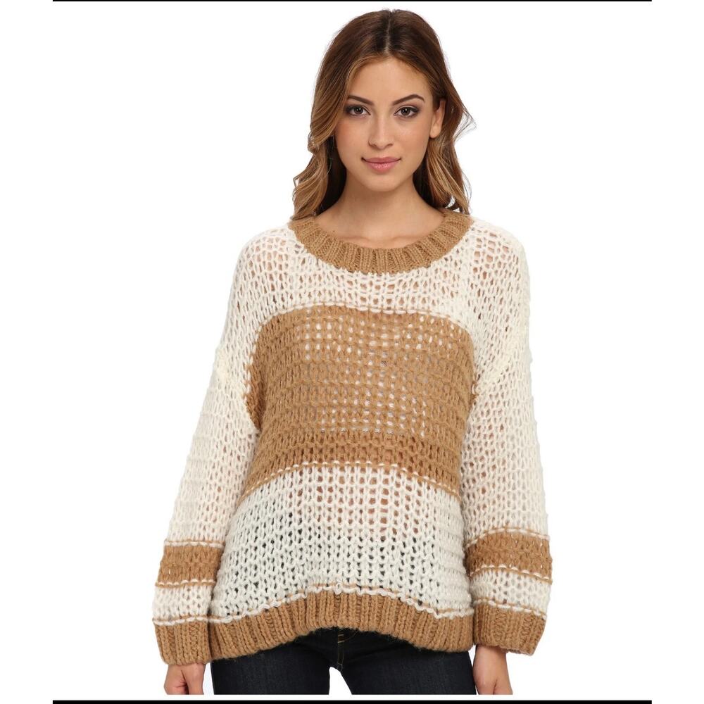 Free People Womens L Tan Ivory Colorblock Open Knit Pullover Boho Sweater Top